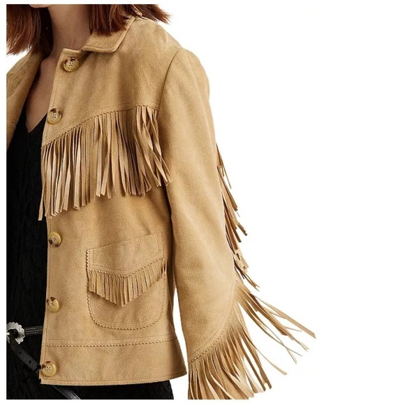 Lauren Ralph Lauren Goat Suede Fringe Western Boho Cowgirl Jacket NWT Tan 2 - Picture 15 of 17